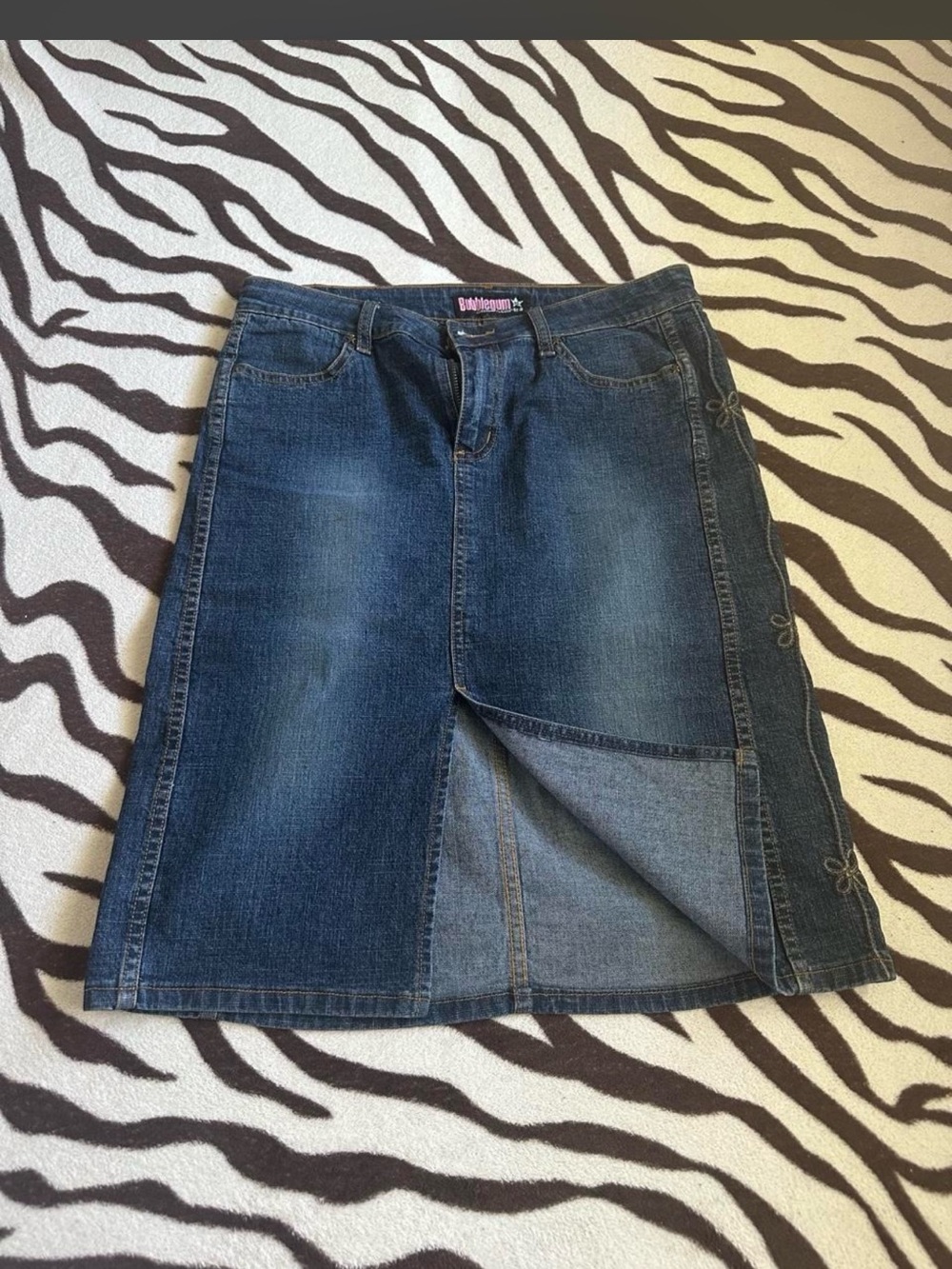 Y2K bubblegum Denim midi skirt with flower like detailing on the sides